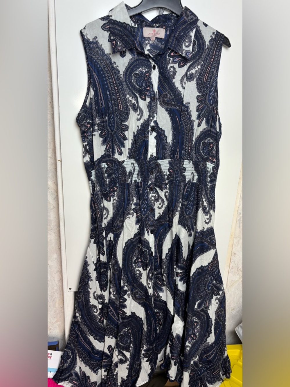Laurie Felt Navy Paisley Sleeveless Collared Maxi Dress sz 1X